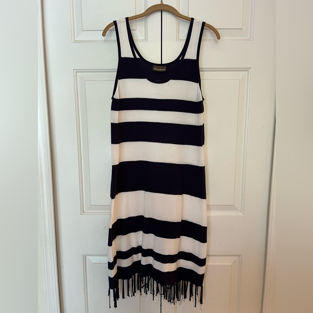 Tommy Bahama Navy Blue and White Striped Cotton Tank Dress EUC